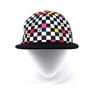 Vans Checkerboard Trucker Style Flat Brim Black Mesh Snap Back Hat Cap